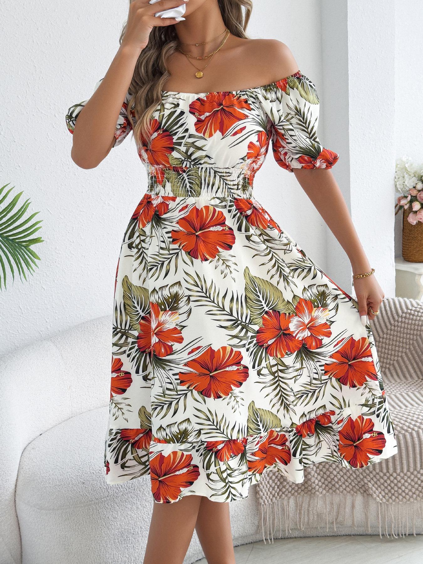 women s Square Neck Puff Short Sleeve Smocked High Waist Ruffle Hem Tropical Floral Midi A Line Dress S белый