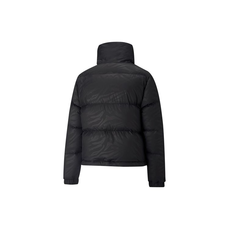 Puma Women's Black Logo Print Short Stand Collar Warm Winter Down Jacket