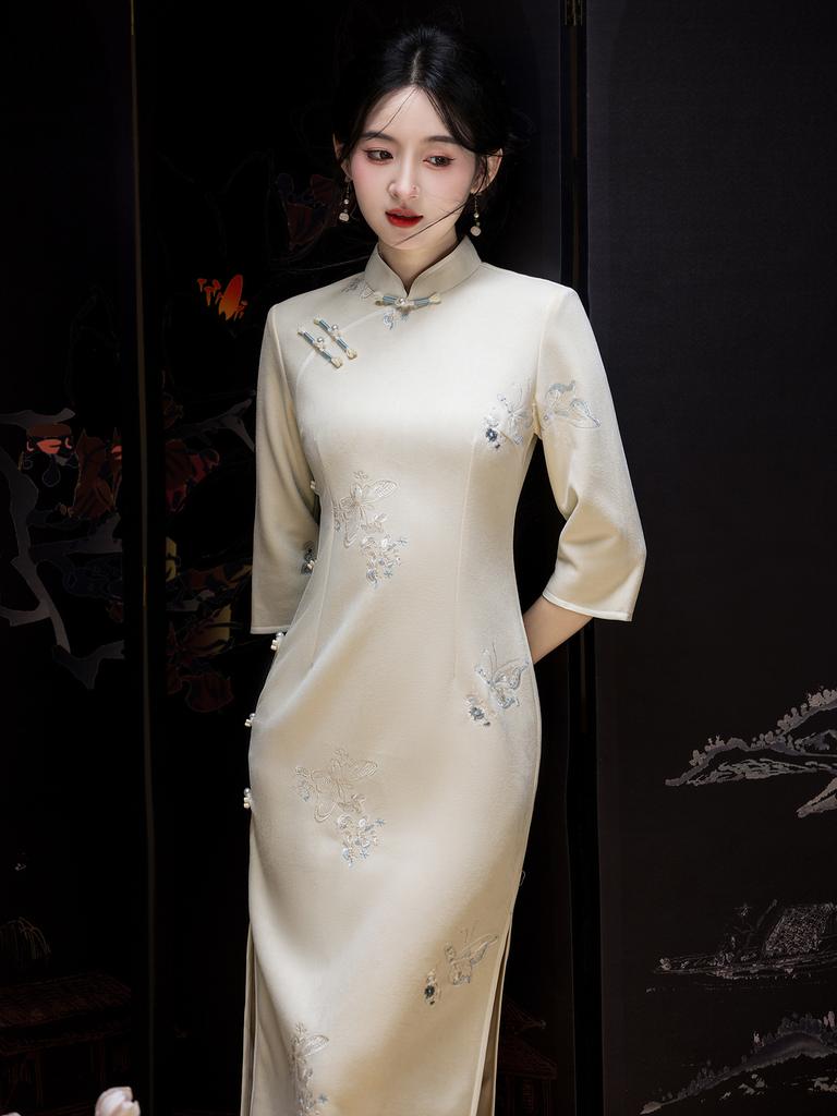 Green suede cheongsam 1011 autumn new medium and long new Chinese-style improved young girl pink dress