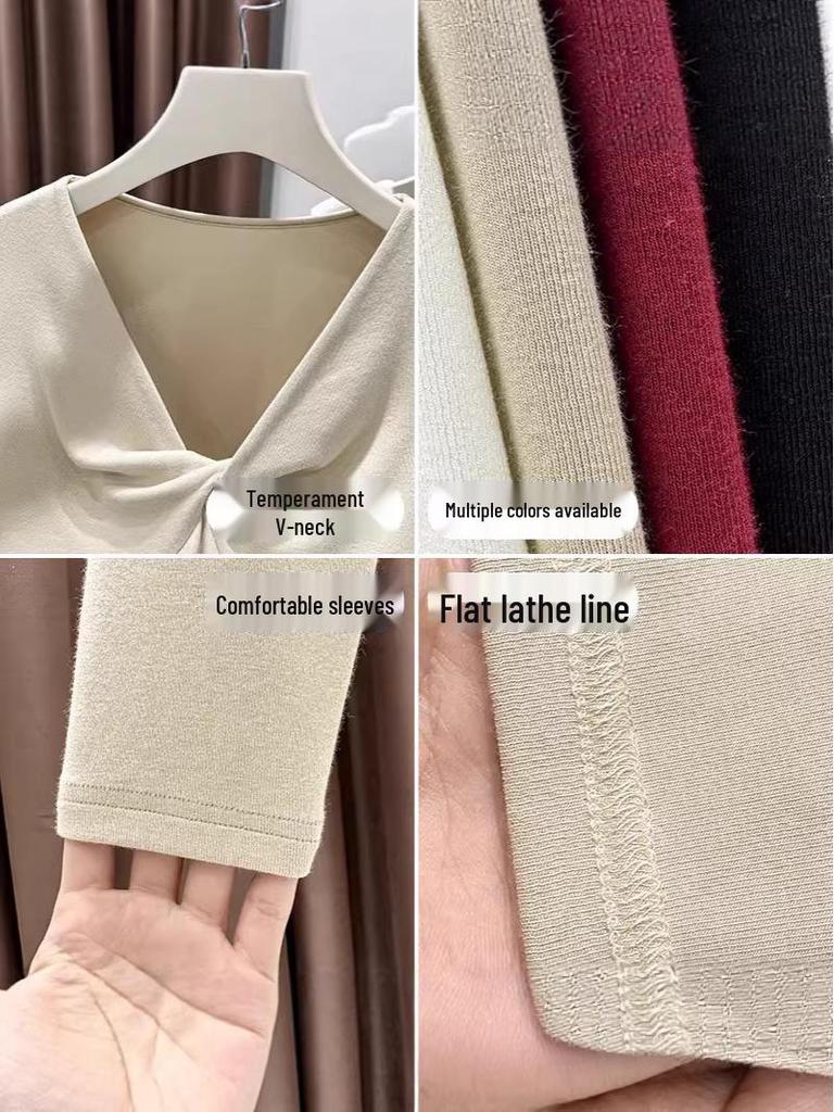 Elegant Women's Slim-Fit French V-Neck Long-Sleeve Knitted Top - Spring Design