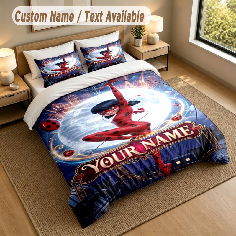 Custom Name Text Bedding 3Pcs Set,Miraculous Ladybug 1 Duvet Cover 2 Pillowcases Soft Bed Linen For Gift