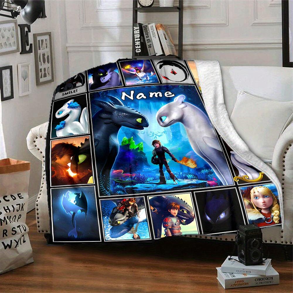 Toothless Light Fury Dragon Adventure Flannel Blanket With Personalizable Name Comfortable All Seasons Suitable For Sofas Beds Travel Camping Office