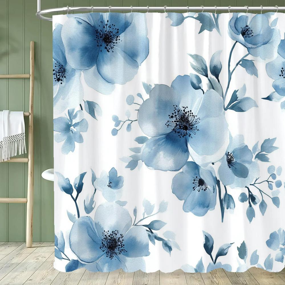 Beautiful Flowers Shower Curtain for Bathroom Blue Floral Romantic Wildflower Plants Nature Scenery Home Decor Curtain with Hook