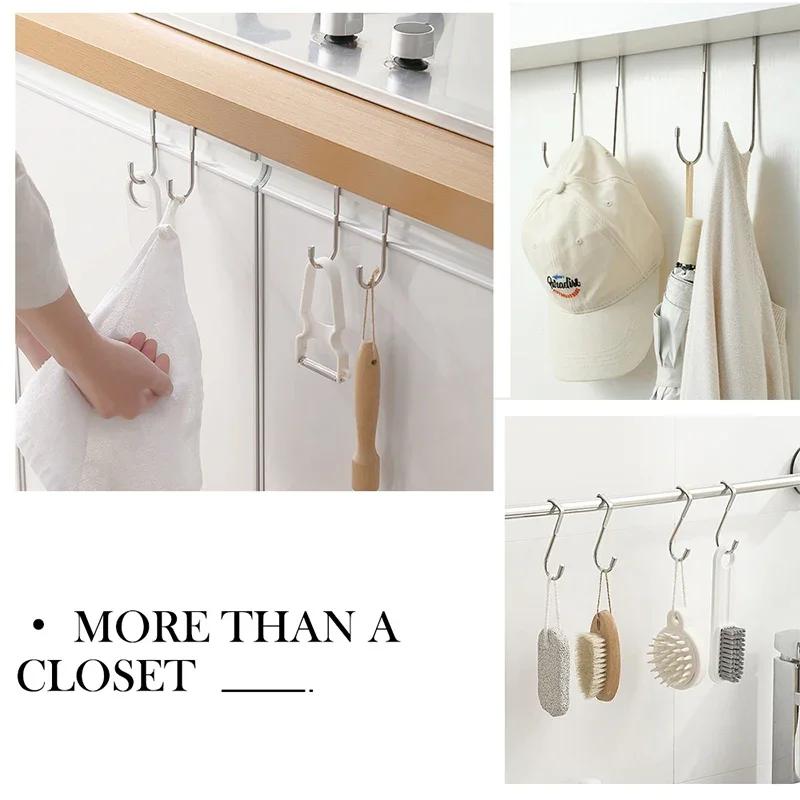 201 Stainless Steel Hook Free Punching Double S-Shape Hook Kitchen Bathroom Cabinet Door Back Type Coat Towel Storage Hanger