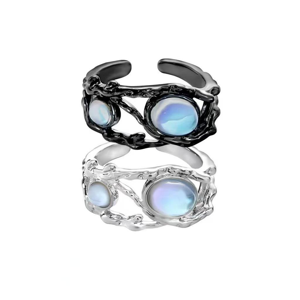 Cross Hand Black & White Moonstone Couple Rings - Retro European American Style for Men & Women