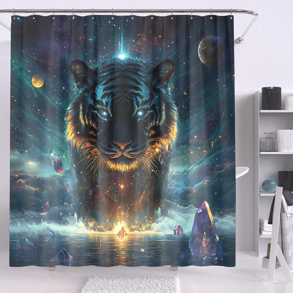 1Pc Exquisite And Fierce Tiger Themed Digital Printed Shower Curtain, Made Of Polyester Fabric With Hooks, Bathroom Accessories,
