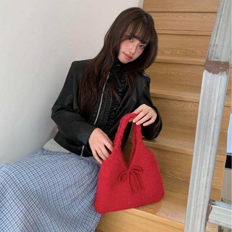 Casual bag bow handbag Japanese autumn and winter cute underarm bag large capacity simple knitted bag new