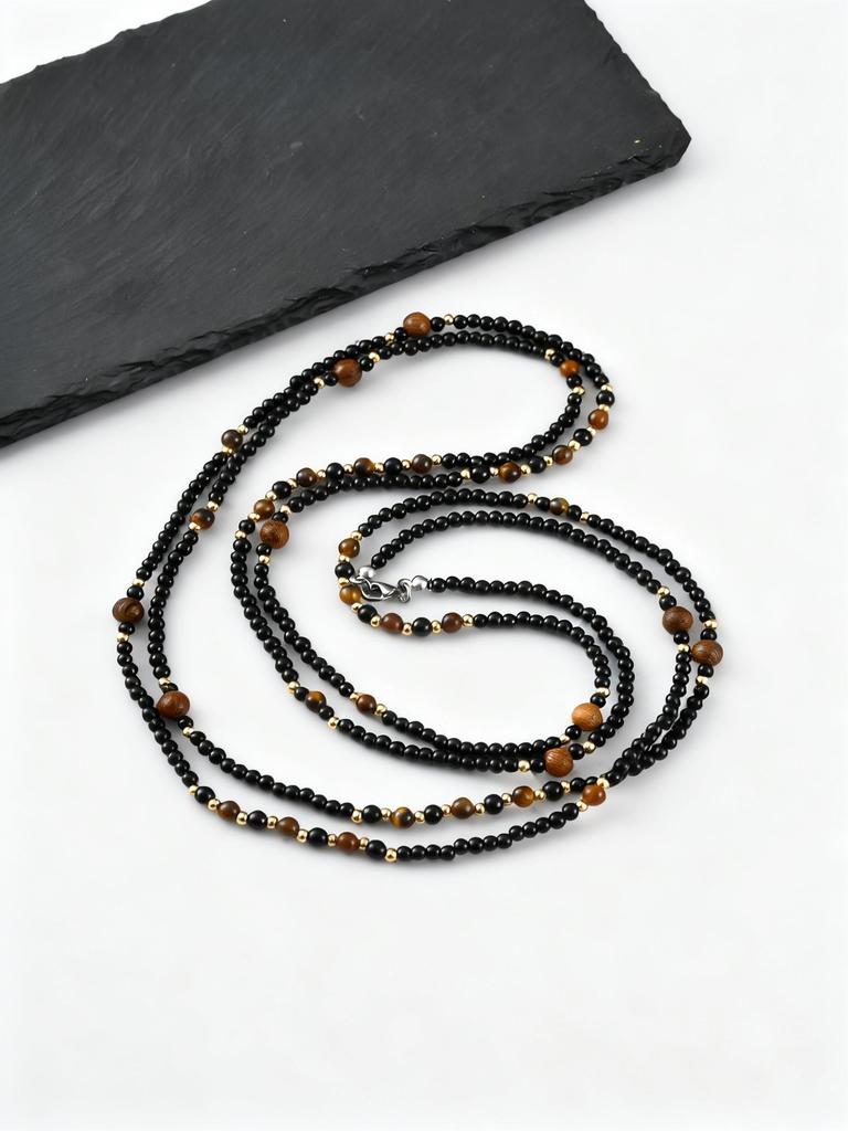 Ethnic Men's Black Natural Stone Long Chain Necklace,Vintage Two-layers Beaded Collars,Jewelry Gift for Huasband Dad Him