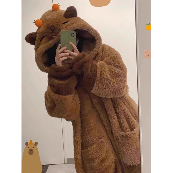 Women's Brown Bear Winter Pajama Set: Coral Fleece, Thick Flannel Nightgown & Bathrobe.