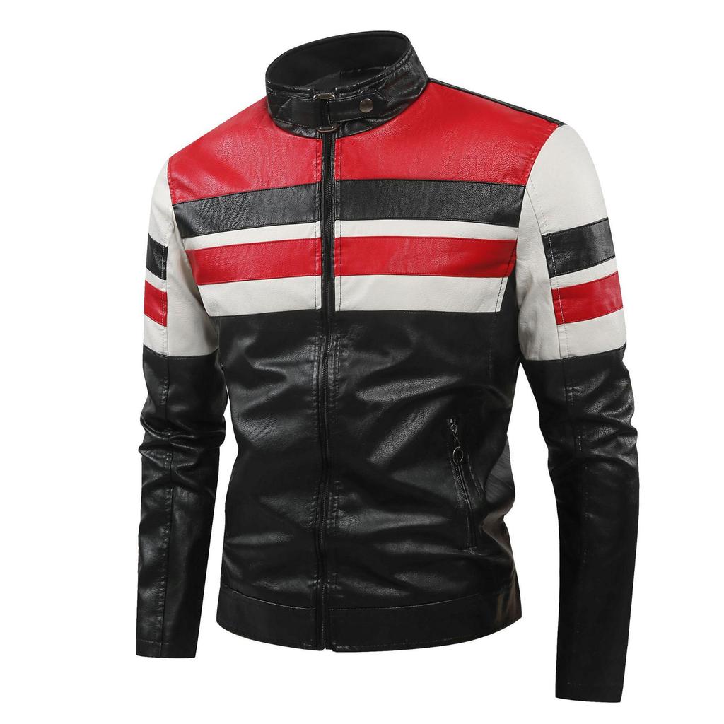 2025 Men's Color Block PU Leather Motorcycle Jacket - British Casual Style