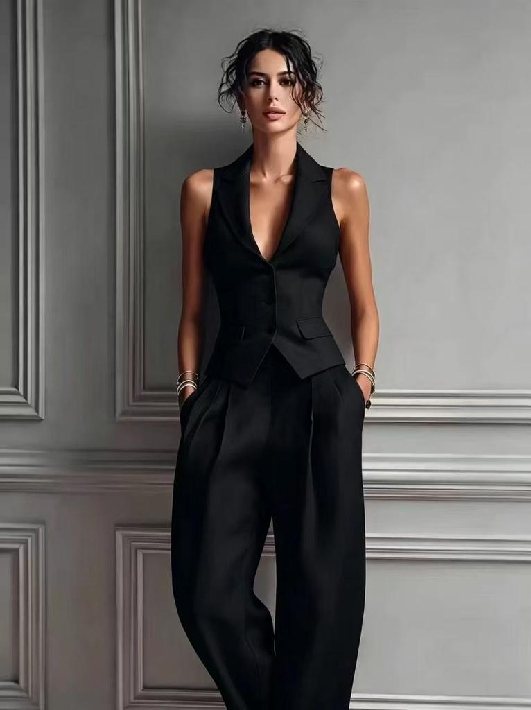 Women Clothing Set Sexy V-Neck Button Tank Fashion Casual