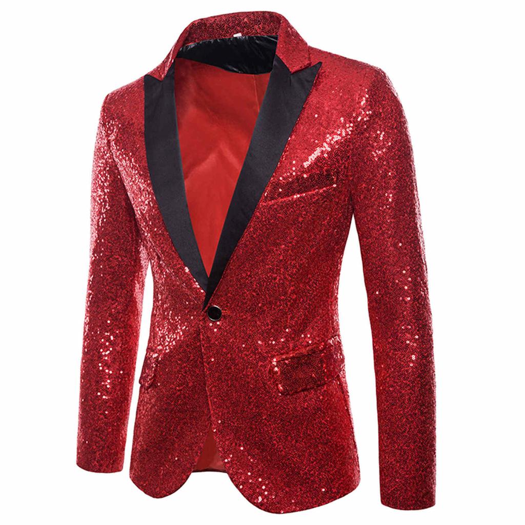 Charm Men's Casual One Button Fit Suit Coat Jacket Sequin Party Top