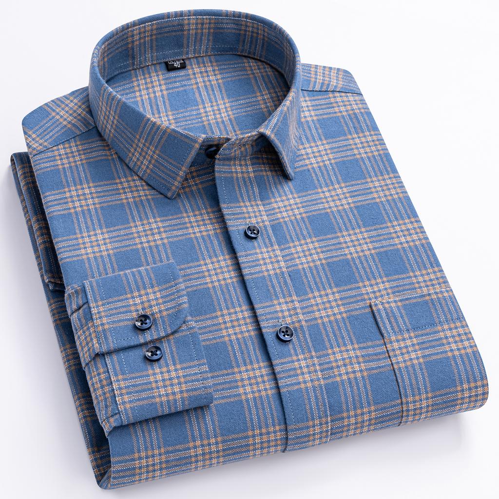 Over Size 100%cotton Brushed Plaid Long Sleeve Shirts for Men Single Pocket Casual Tops Soft Vintage Elegant Designer Clothes
