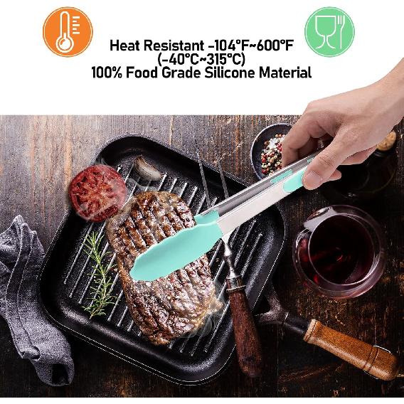 Silicone Non-SlipTongs for Cooking, 430 Steel Table Tongs for Kitchen Salad, Pasta, Grilling, BBQ, Heat Resistant Tip, Strong Grip for Meat Sky Blue