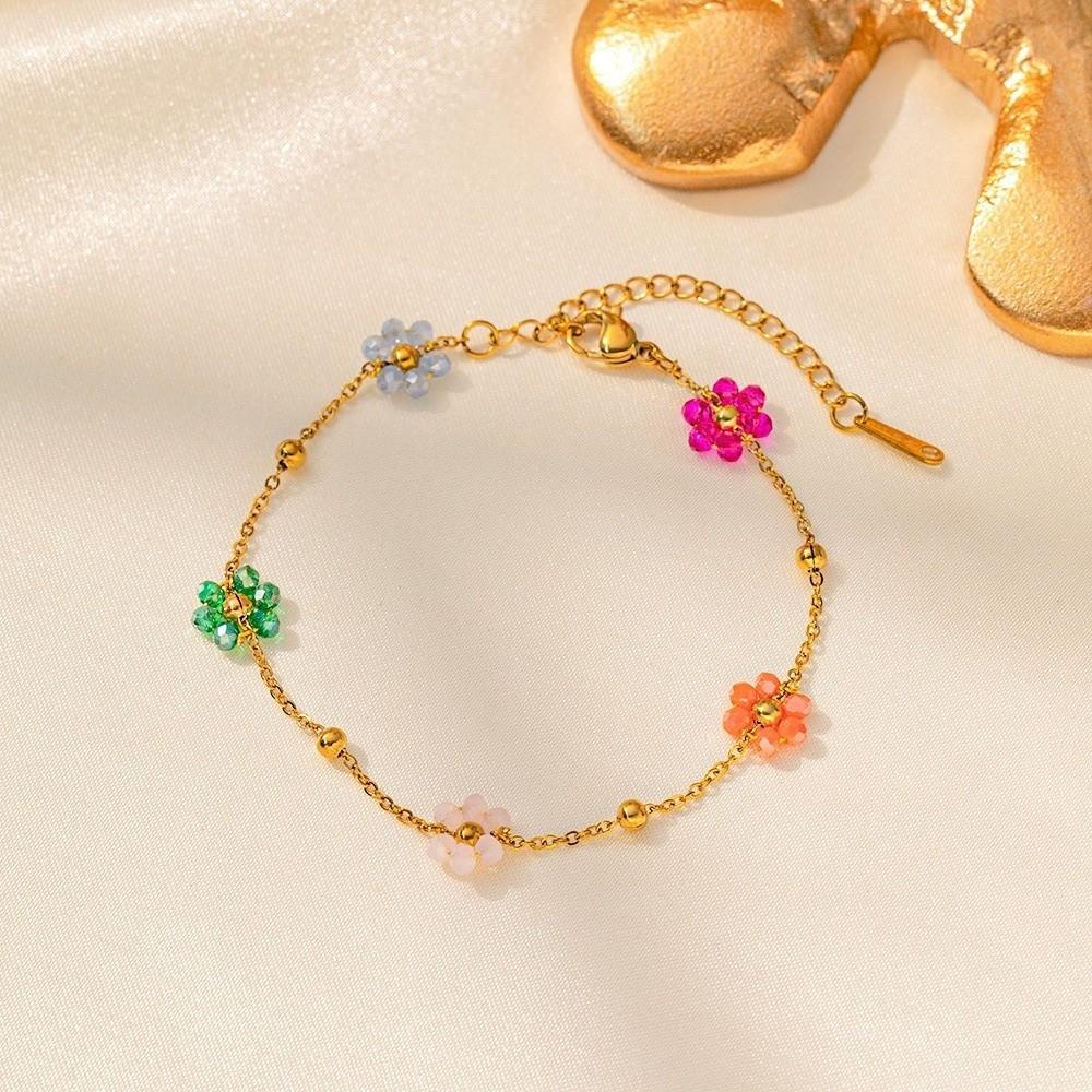 Women Colorful Beaded Heart Necklace Exquisite Trendy Flower Chain Bracelet Versatile Stackable Plating Waterproof Jewelry Gift