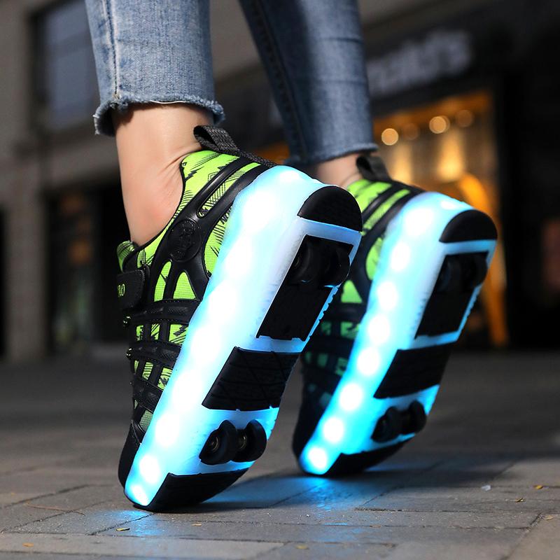 Four-wheel Roller Skates Children's Retractable Automatic Wheel Sports Shoes USB Charging LED Light Sports Shoes