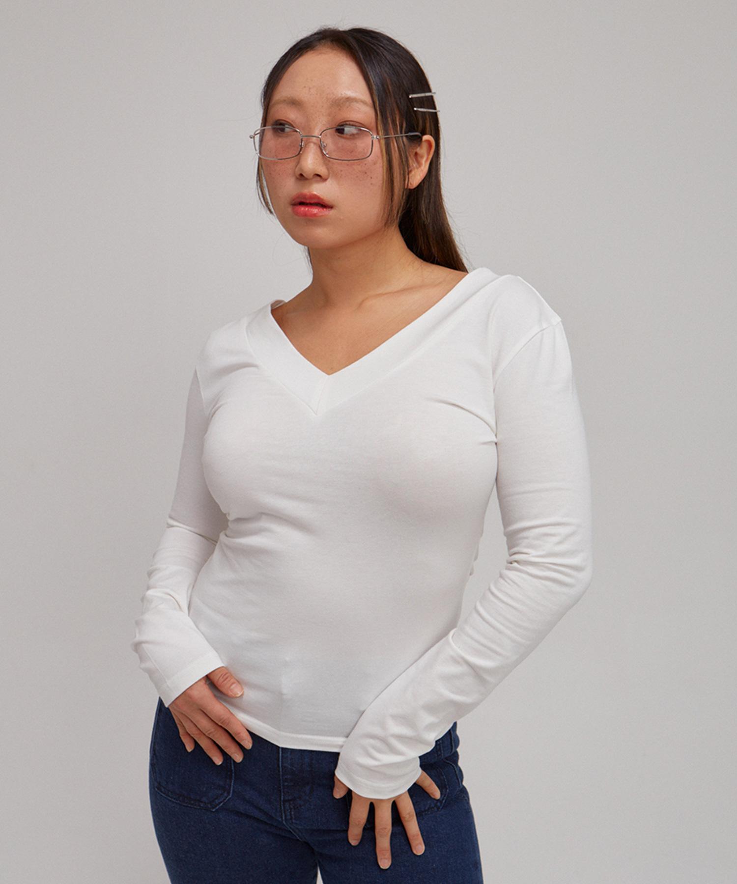 Salon De Yon V-Neck Basic T_ White L