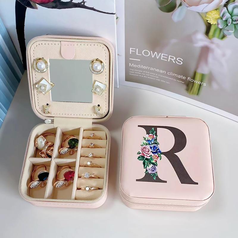 PU Leather Jewelry Box Mirror Storage Box 26 Letter Printed Portable Jewelry Organizer Earring Ring Necklace Case
