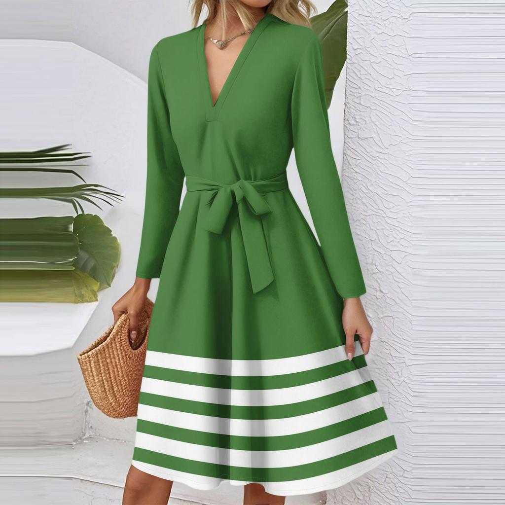 Women's Fashion Casual V-Neck Long Sleeve Waist Striped Printed Midi Dress