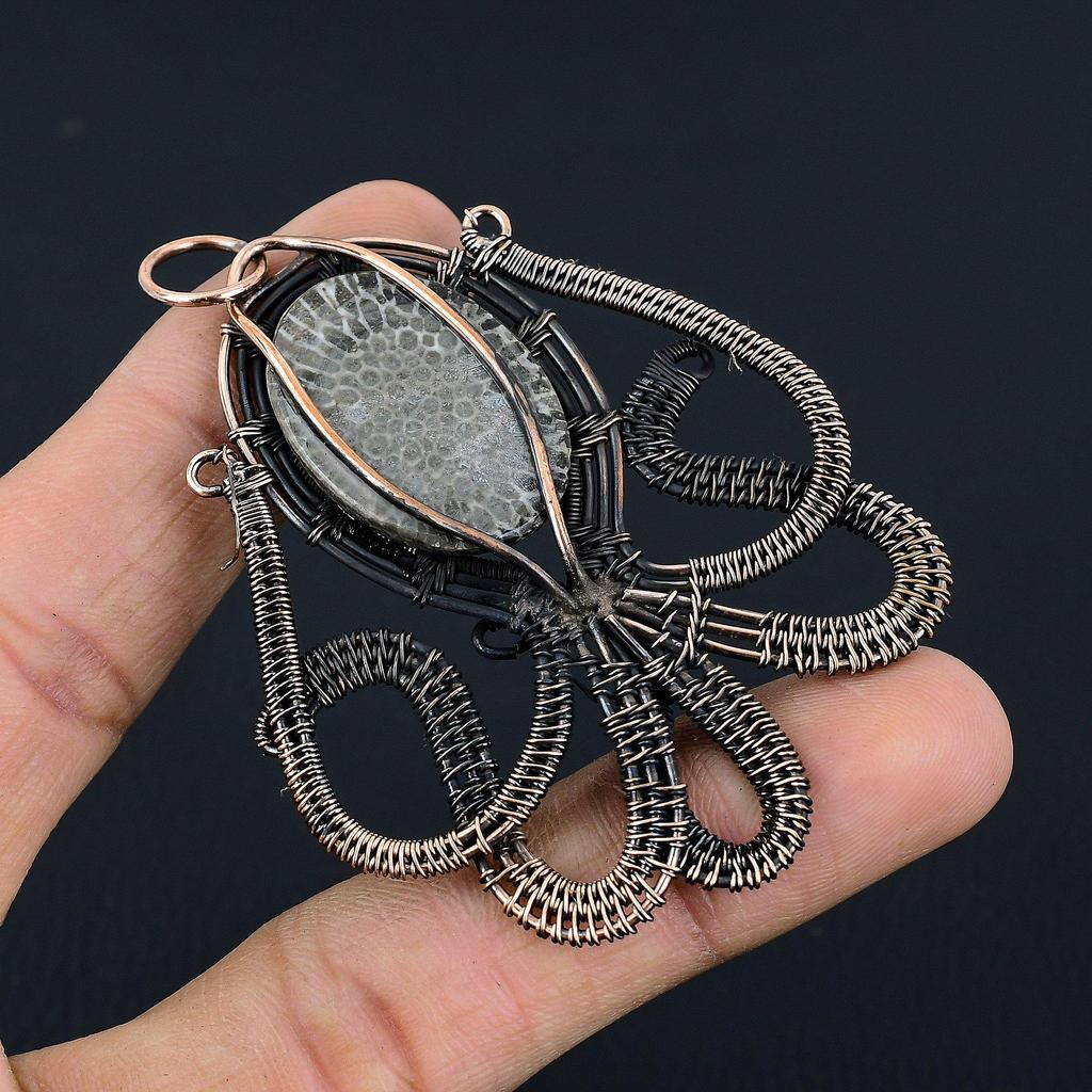 Stingray Coral Pendant, 999 Copper Wire Wrapped Gemstone Jewelry, Handmade Pendant, For Mother Day