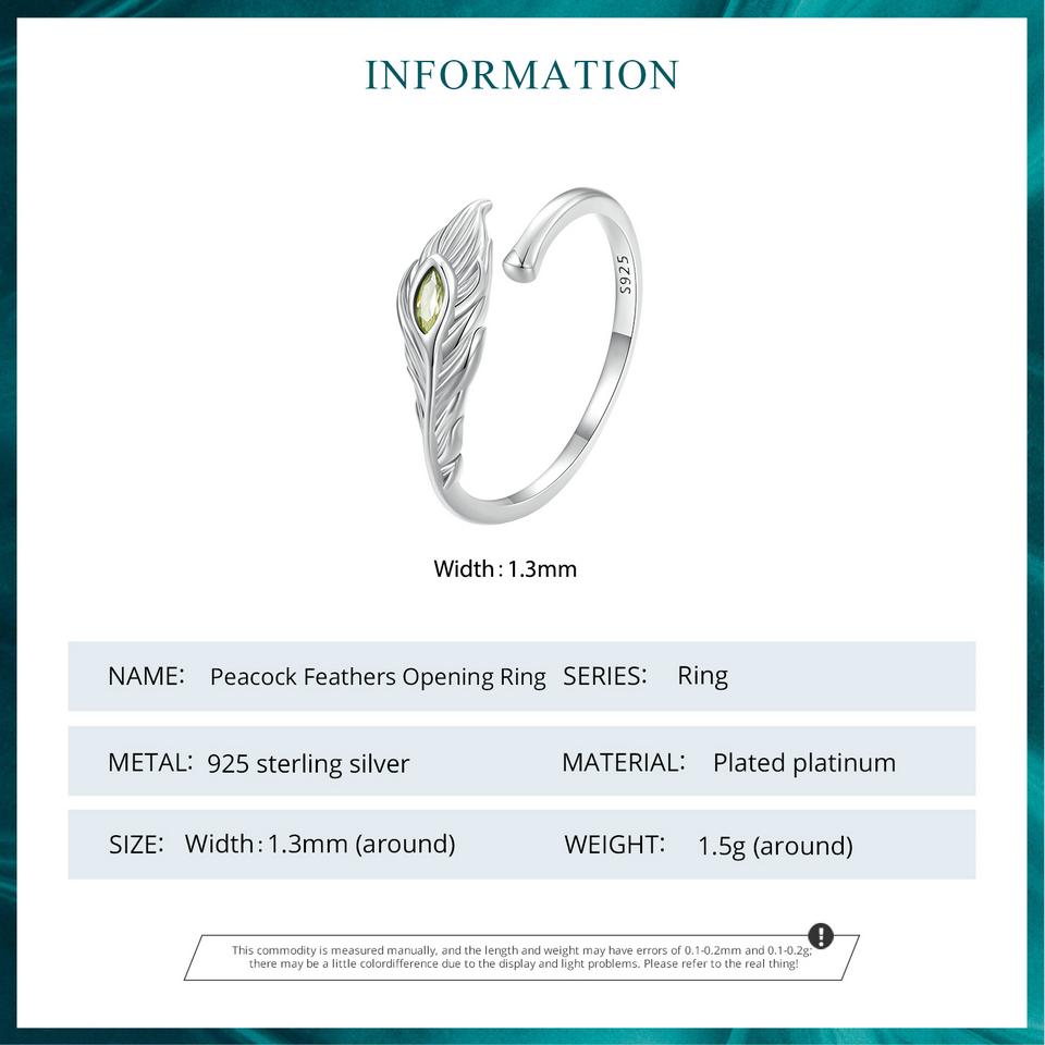 BAMOER 925 Sterling Silver Peacock Feather Opening Ring Zircon Adjustable Ring for Women Party Jewelry Gift