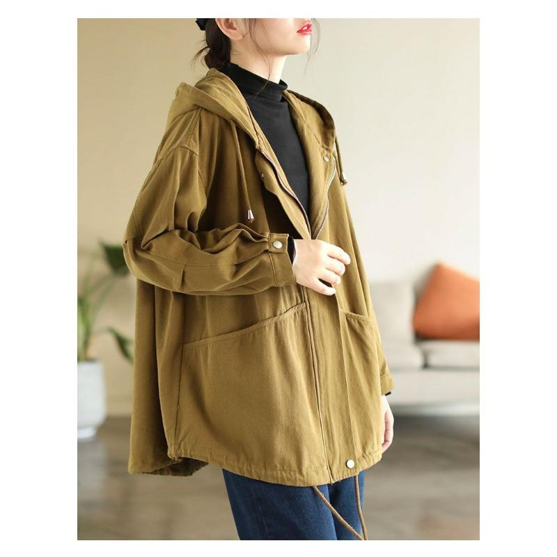 Dammode Nya Sydda Jackor med Dragkedjefickor Enfärgad Casual Lös Huvjacka Långärmad