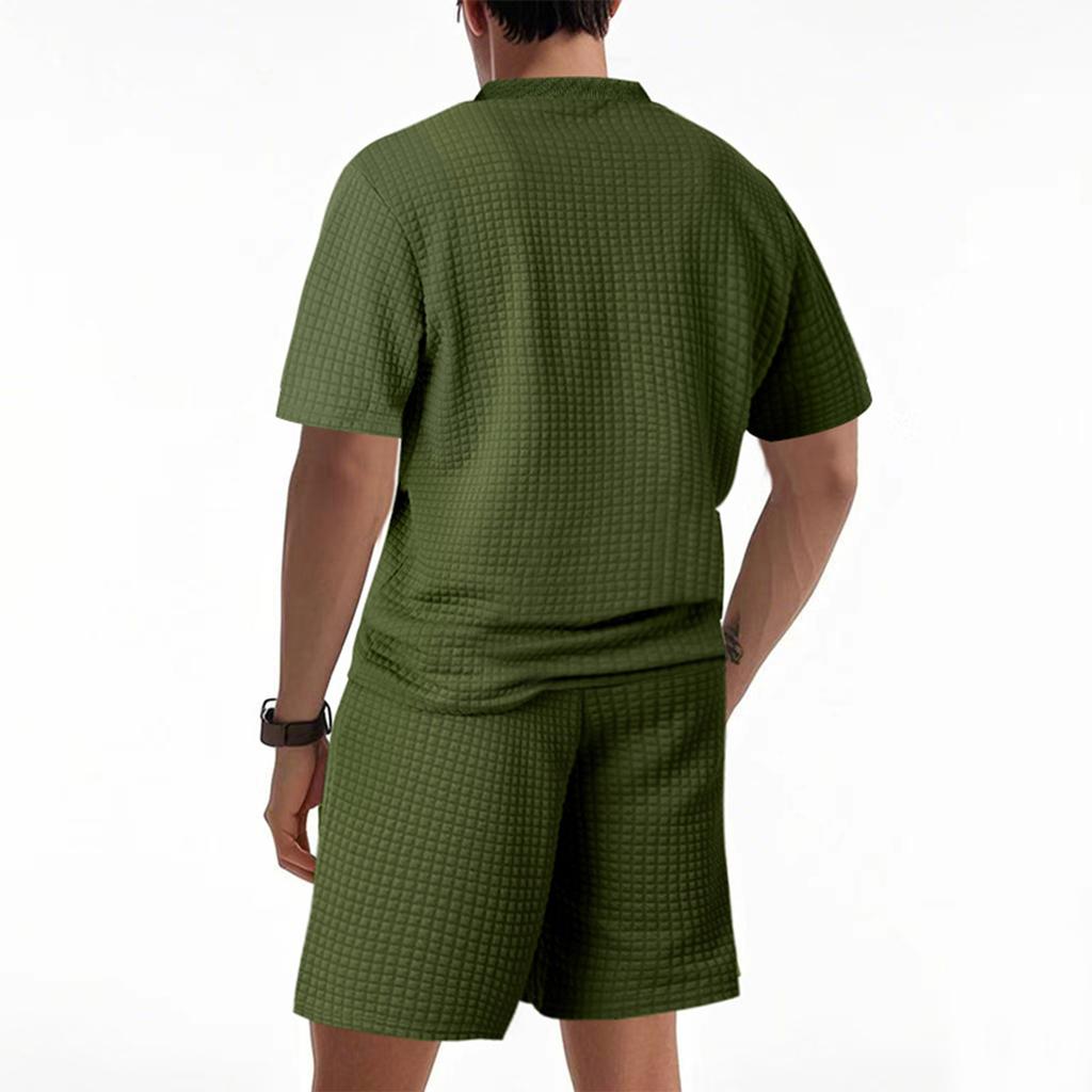 Set de două piese pentru bărbați, culoare solidă, casual, cu guler rotund, mânecă scurtă, pantaloni scurți