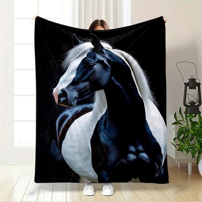 A Black-and-white Horse with a Striking White Mane and Facial Streak. for All Seasons Blanket Lunch Break Throw Gift
