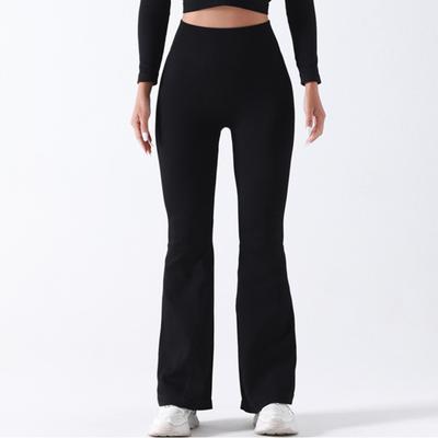 Women Yoga Pants High Waist Leggings Solid Color Compression Elastic Butt-lifted Seamless Flared Hem Tummy Control Sports Trousers