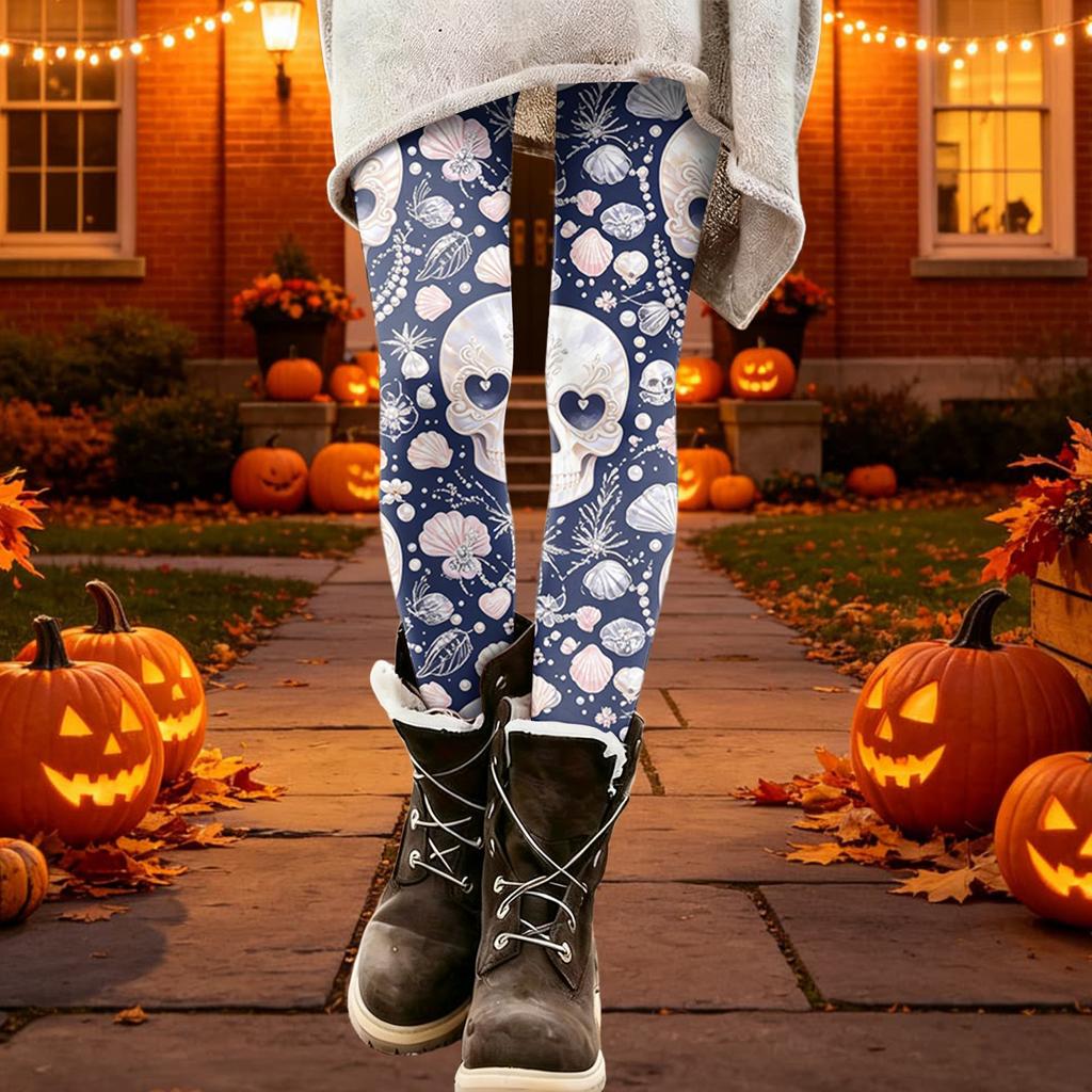 Women's Halloween Printed Stretchy Leggings Pants for Cozy Casual Home Wear