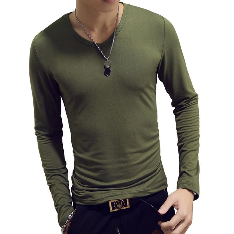 Herrenbekleidung, 7 Farben, lässig, Slim-Fit, einfarbig, langärmelig, O/V-Ausschnitt, Baumwolle, T-Shirts