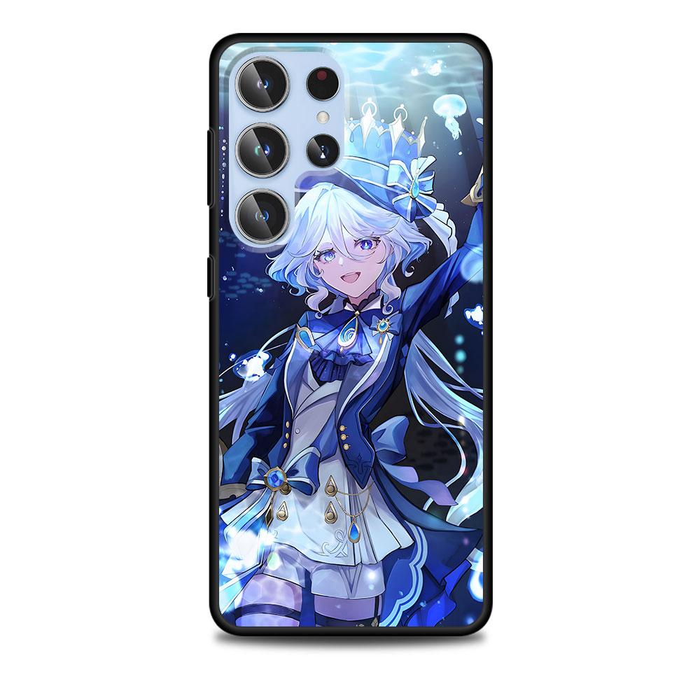 Cute Furina Genshin Impact Case for Samsung Galaxy S23 S21 S20 FE S24 S22 Ultra S10 S10e S9 Plus Soft Black TPU Phone Cover