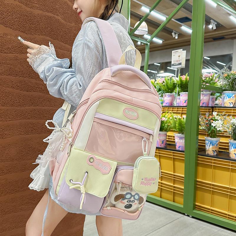 Blocked Color Sweet Letter Patter Student Backpack With Transparent Compartment