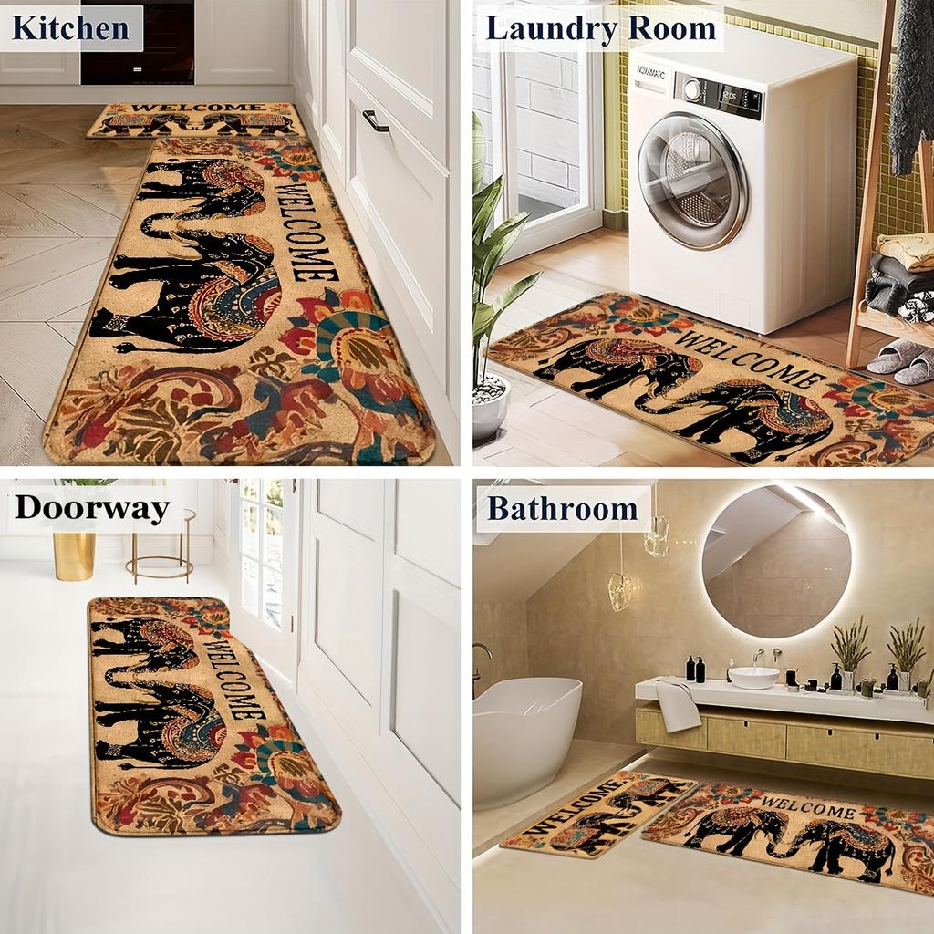 1Pcs Anti Fatigue Kitchen Rugs,Bohemian Elephant  Print Waterproof Non-Slip Thick Cushioned Kitchen Mat Heavy Duty Comfort Standing Mat for Kitchen