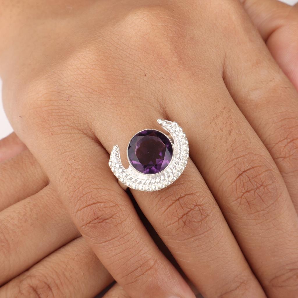 Gemma Ametista Argento Sterling 925 Gioiello Fatto a Mano Pietra Portafortuna di Febbraio Anello RR-48-7