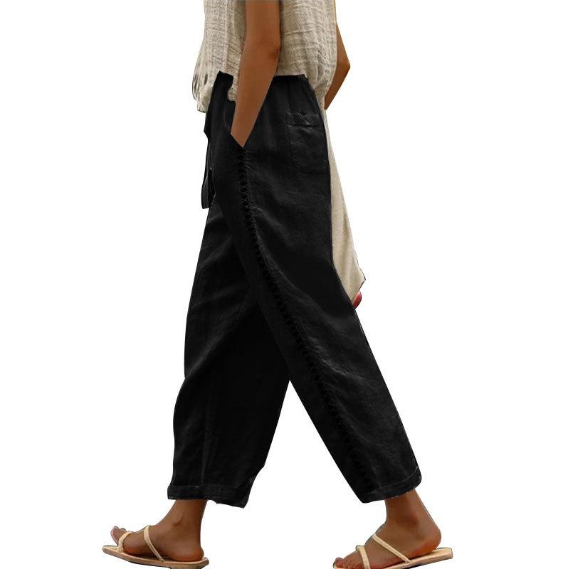 Women's Summer Cotton Linen Pants Elastic Waist Hallow Out Trousers Casual Drawstring Pocket Pants