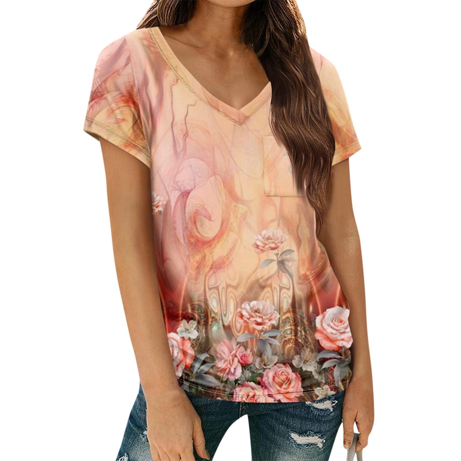 

Women s Casual Tops V-Neck Short Sleeve T-Shirt Printed Pullover Top With Pockets S рожевий