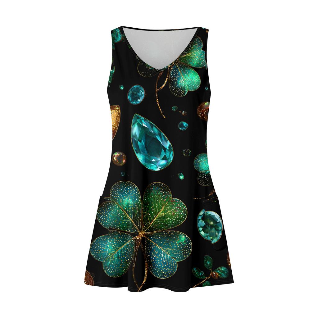 Women's Floral Print Dress, Vest, Skirt With Pockets, Beach Skirt, V-Neck Vest Skirt