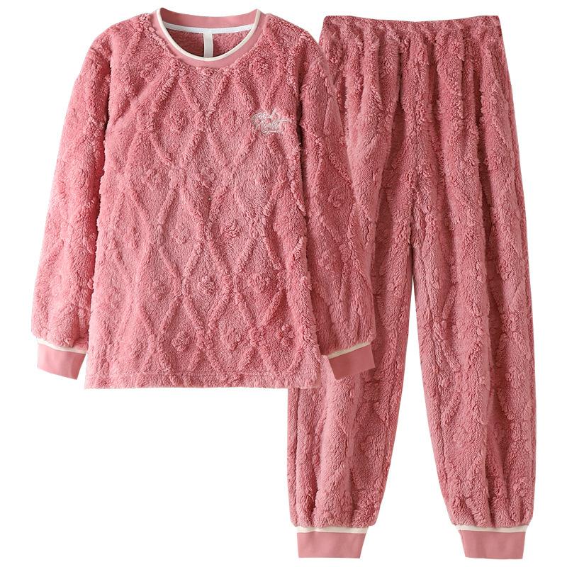 Coral Fleece Pajamas Women'S Autumn And Winter Long-Sleeved Fleece Thickened Flannel Casual Round Neck Loungewear