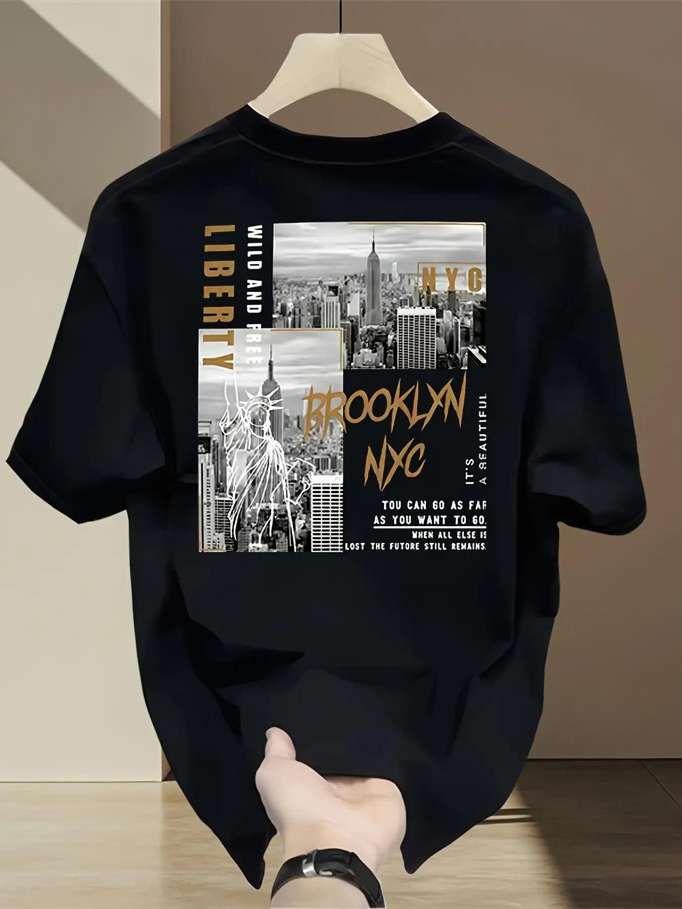 Men S Heavyweight Vintage New York City Graphic T-Shirt - Featuring a Print of The Brooklyn Bridge And The Statue of Liberty XXL