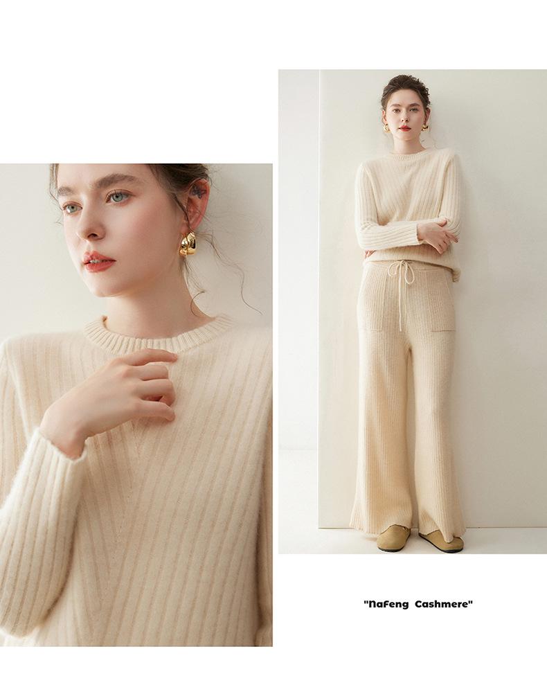 Women's Ribbed Cashmere Crew Neck Pullover Sweater with Long Sleeves
