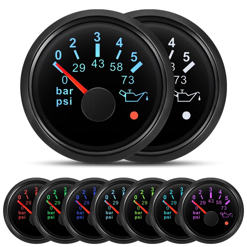 ZMFJH 0-5Bar, 0-73PSI, 0-10Bar,0-145PSI Pointer Oil Pressure Gauge with Alarm 7 Color Backlight 52MM Oil Press Meter Car Boat