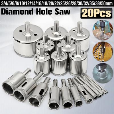 20Pcs 3-50mm Diamond Drill Bits Set Glass Marble Granite Hole Saw Cutter Tool