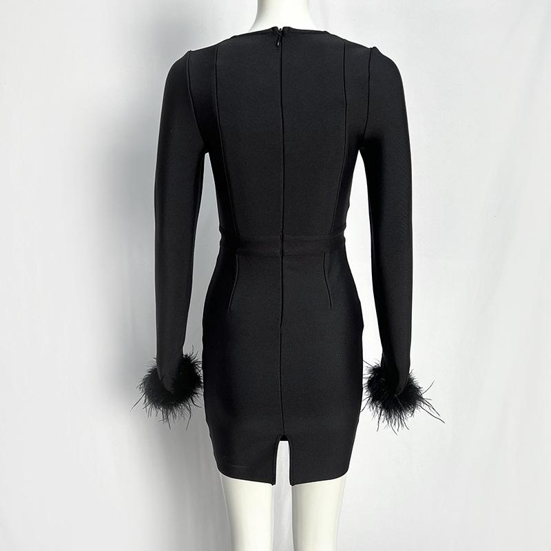 Neues Feder Langarm Europäische und Amerikanische Mode Bandage Abendkleid