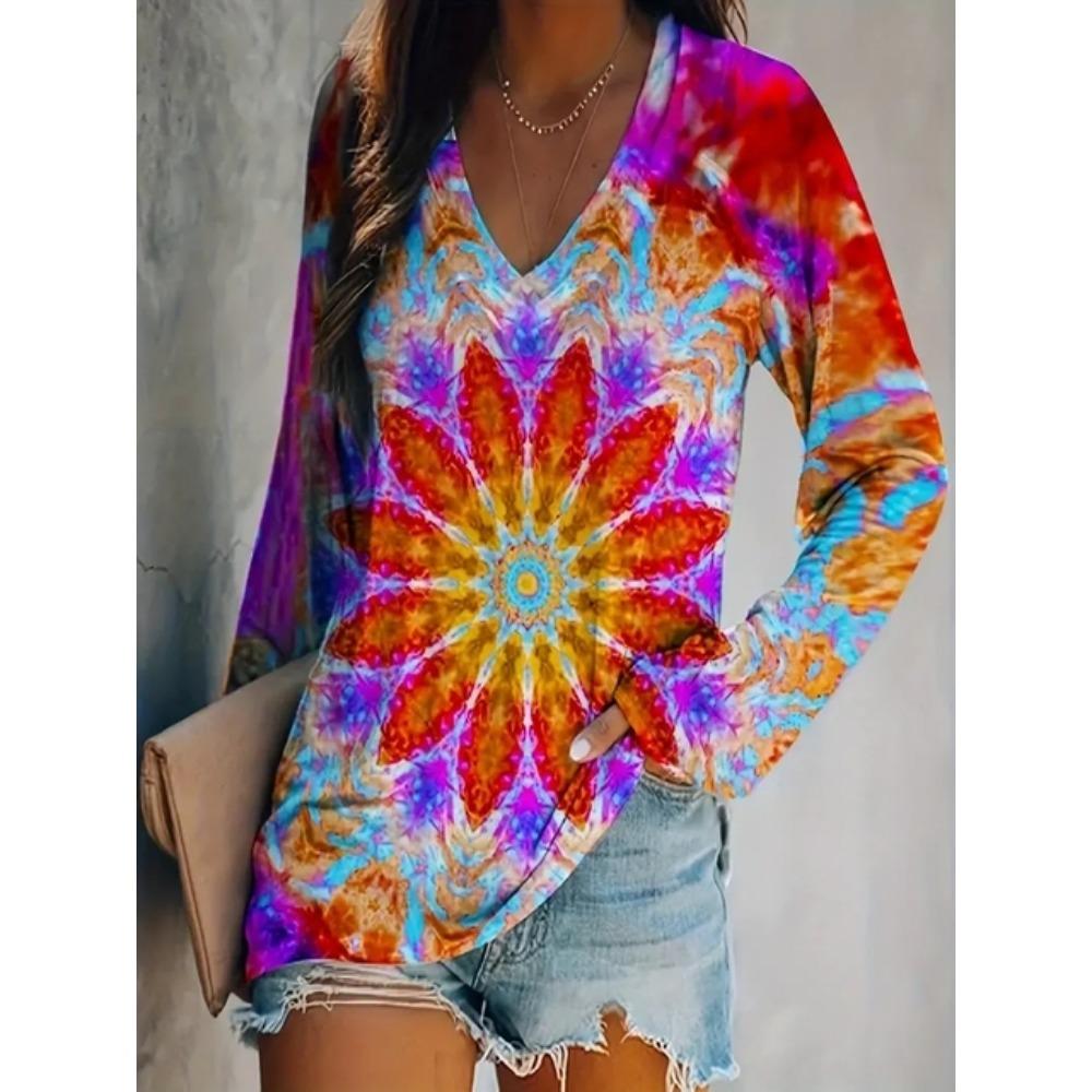T-shirt Taglie Forti con Stampa Floreale, T-shirt Casual a Maniche Lunghe con Scollo a V, Abbigliamento da Donna Taglie Forti