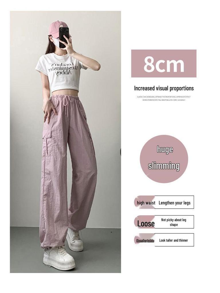 Women's High Waist Pink Cargo Pants - 2025 Spring Collection - Straight, Loose Wide Leg, Drape, and Casual Sports Style