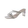2025 Silver Crystal Sandals Women Thick Heel Sandles Woman Summer Med Heeled Party Shoes Female