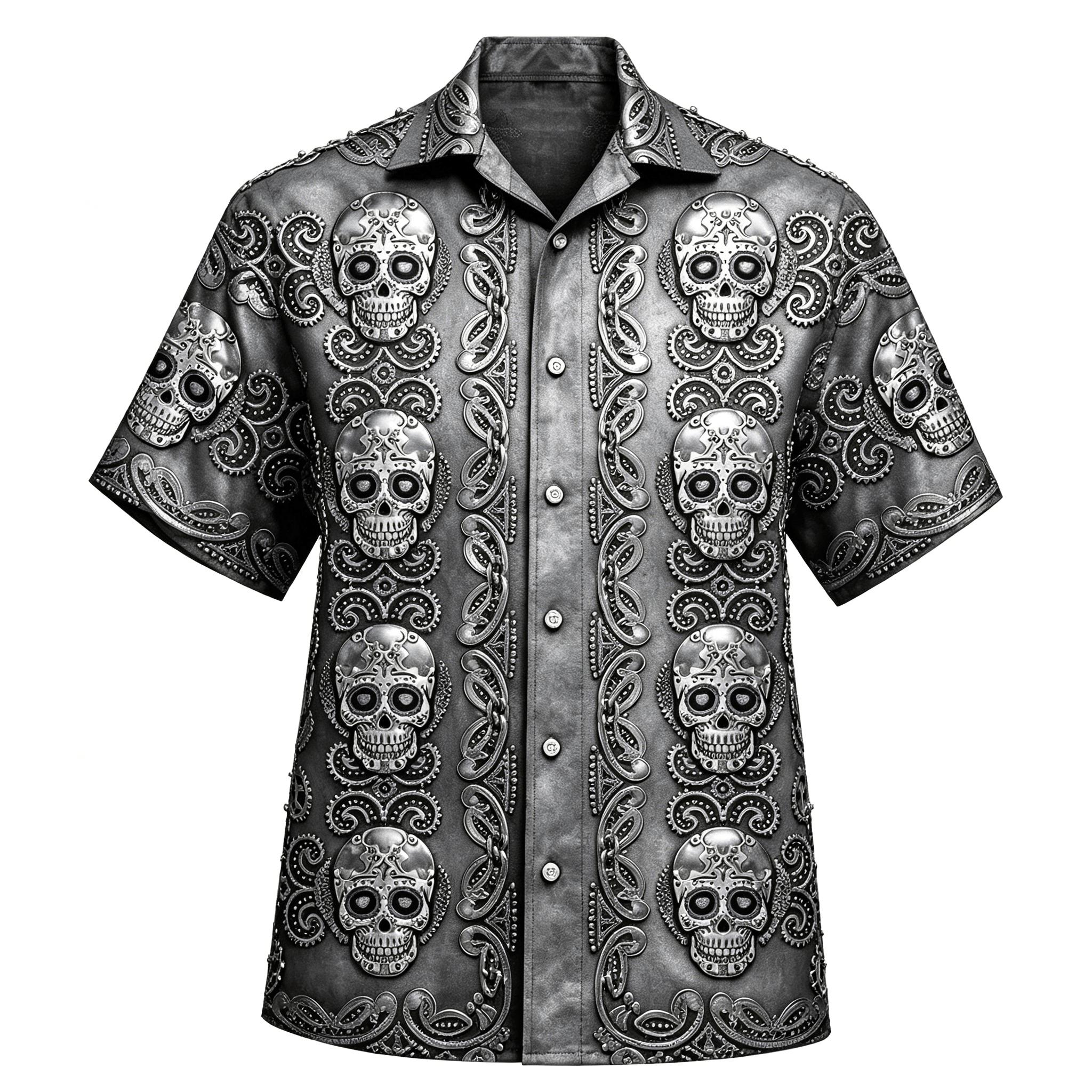 Herren Hawaii Zuckerschädel Aufdruck Muster Hemd Sommer Strand Freizeithemd 3XL gray