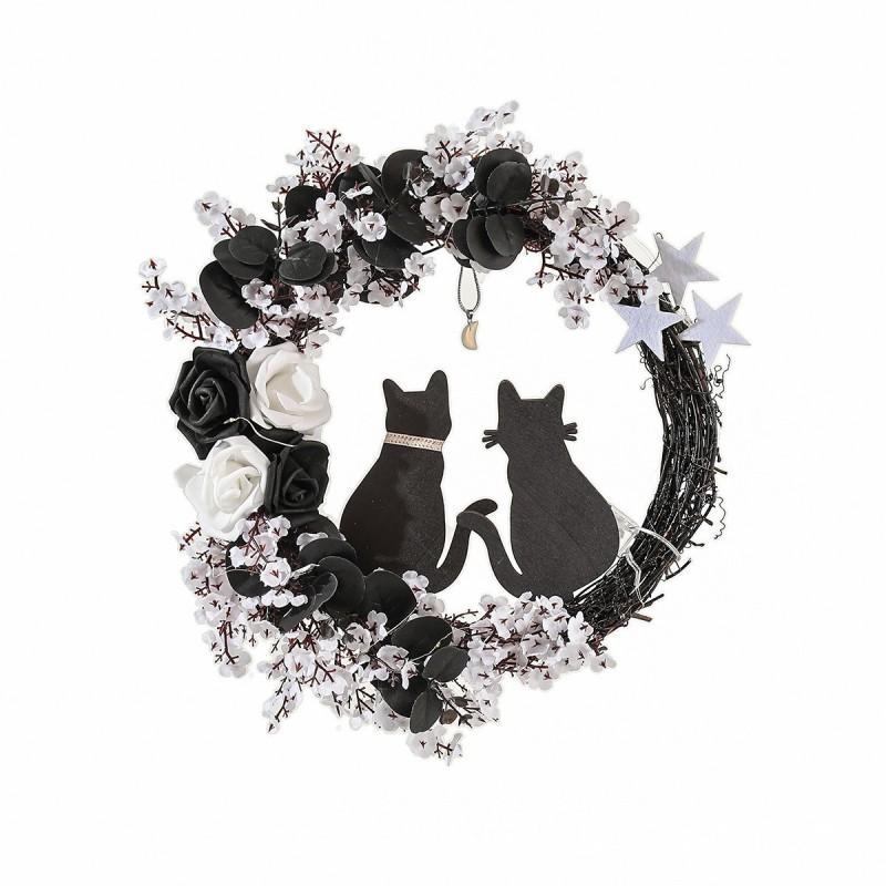 Halloween Moon Cat Wreath Decor Door Wall Hanging Couple Cats Wooden Craft Festival Party Decoration