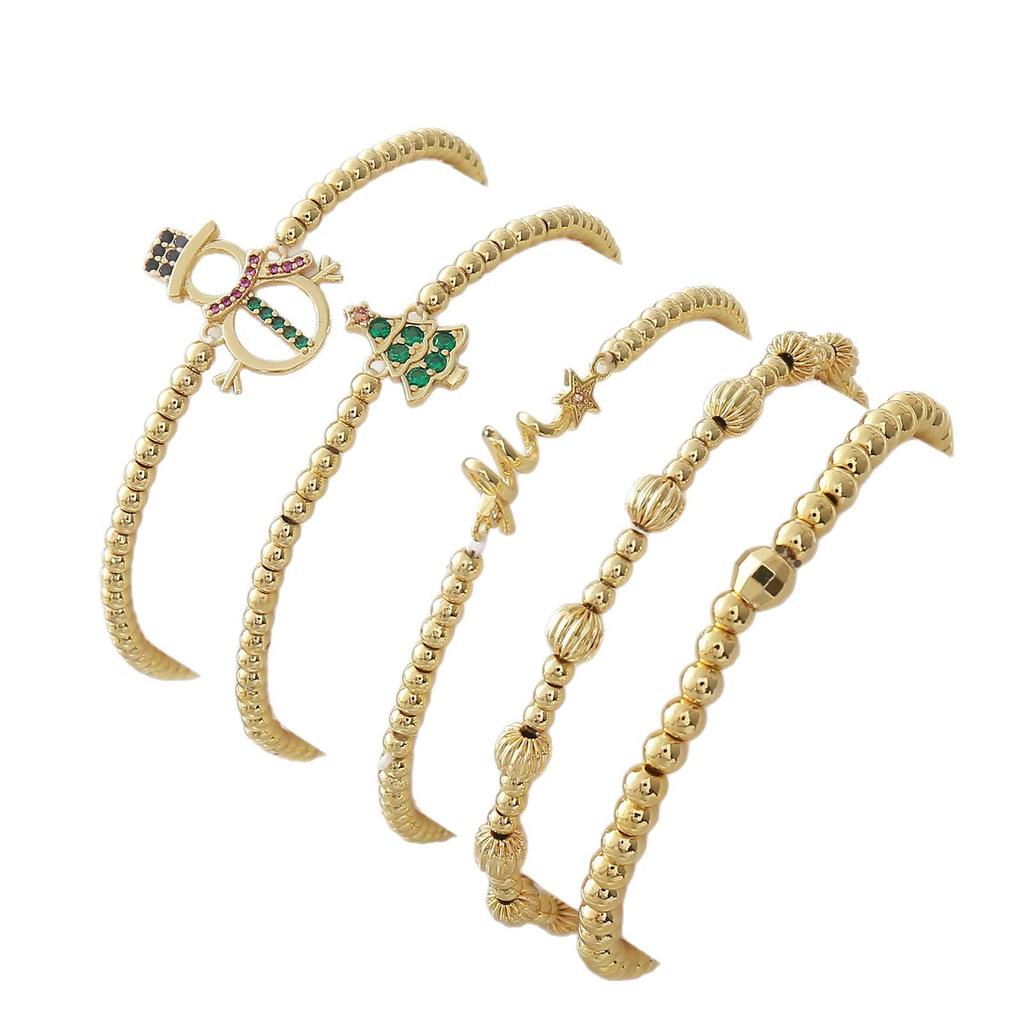 Cross-border Copper Bead Bracelet Set - Christmas Tree, Snowman, Pumpkin Designs - Gold Plated Elastic for Women